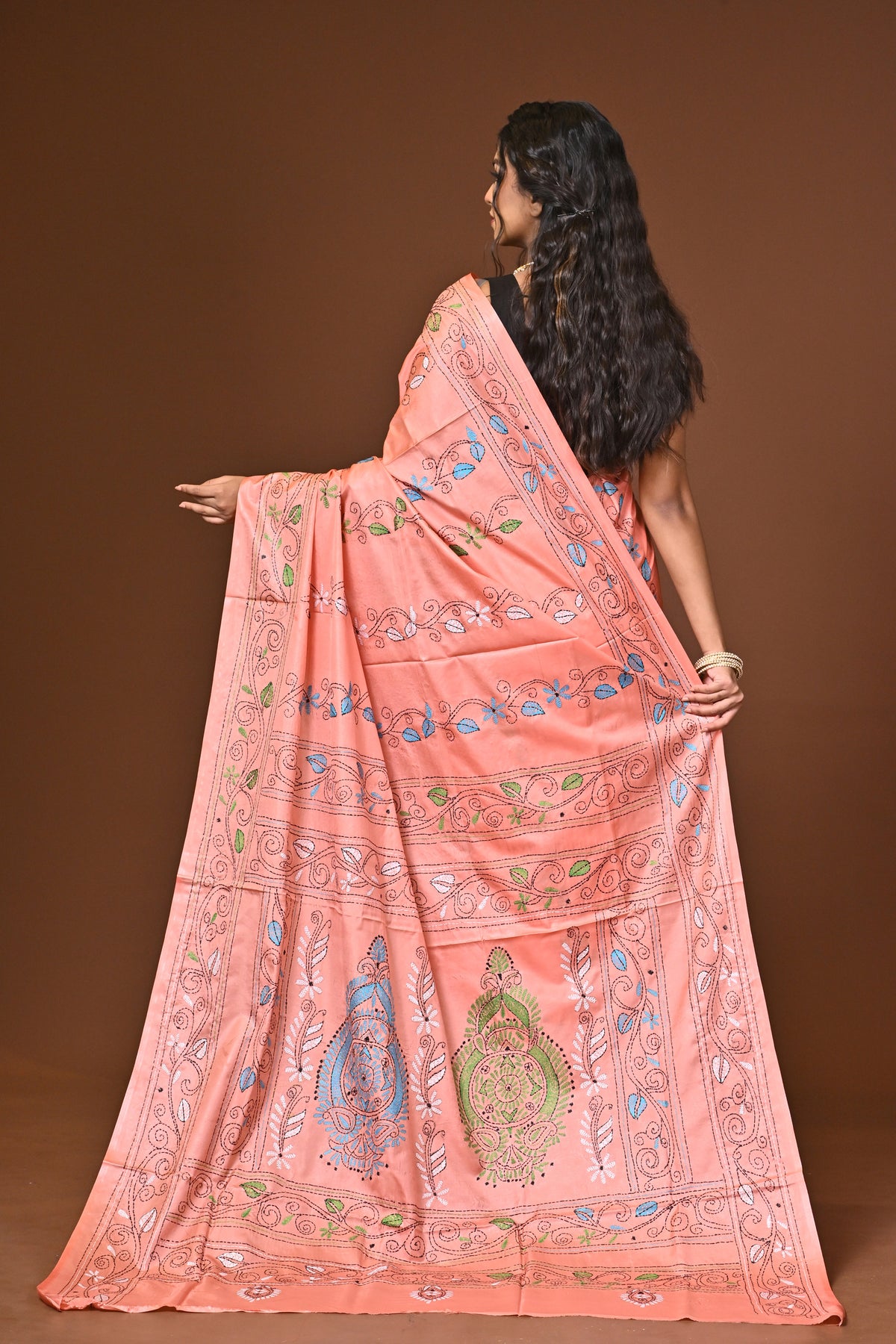 Blended Silk Kantha Stitch Saree Light Pink