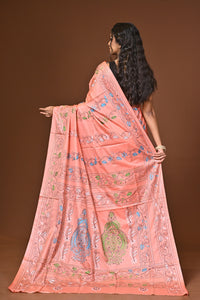 Blended Silk Kantha Stitch Saree Light Pink