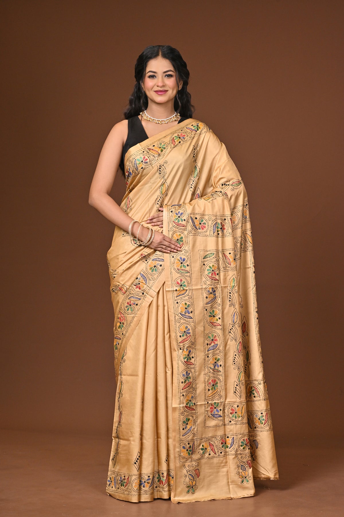 Blended Silk Kantha Stitch Saree Biege