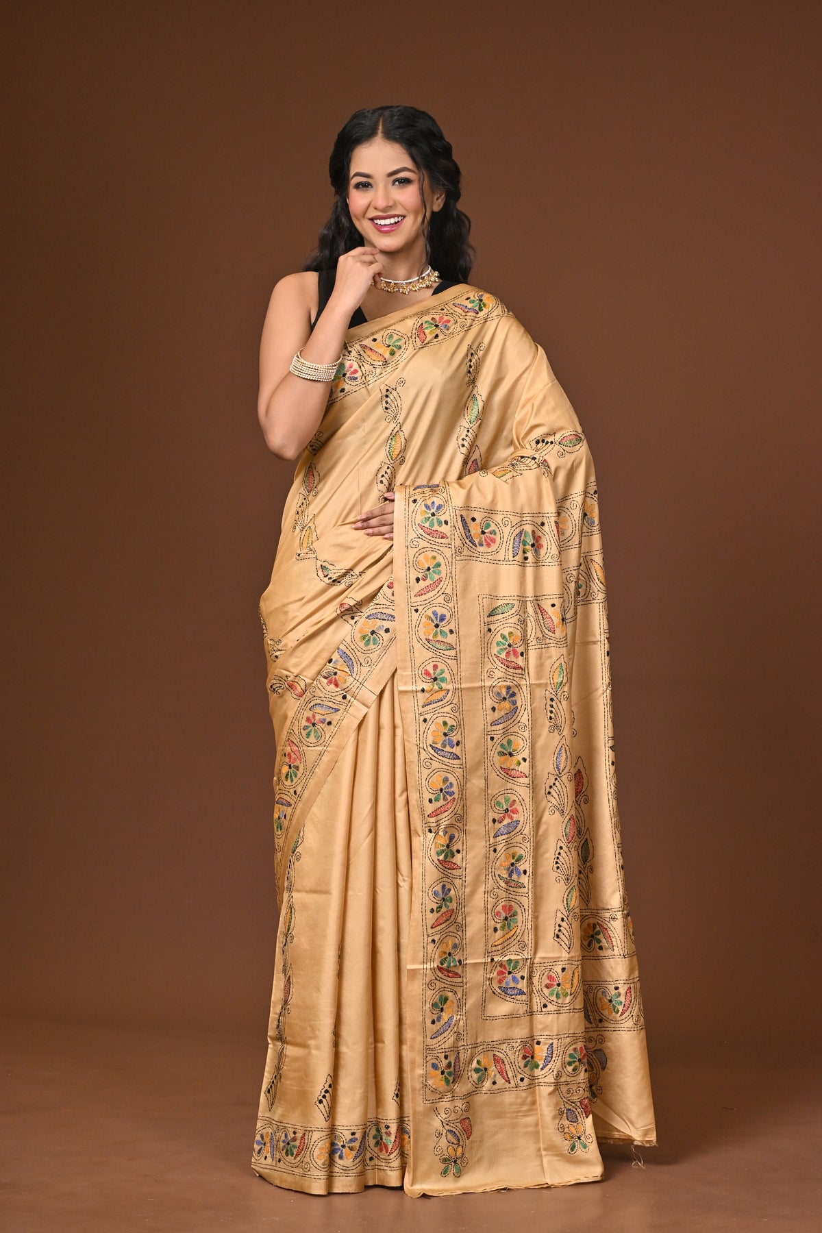 Blended Silk Kantha Stitch Saree Biege