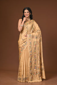 Blended Silk Kantha Stitch Saree Biege