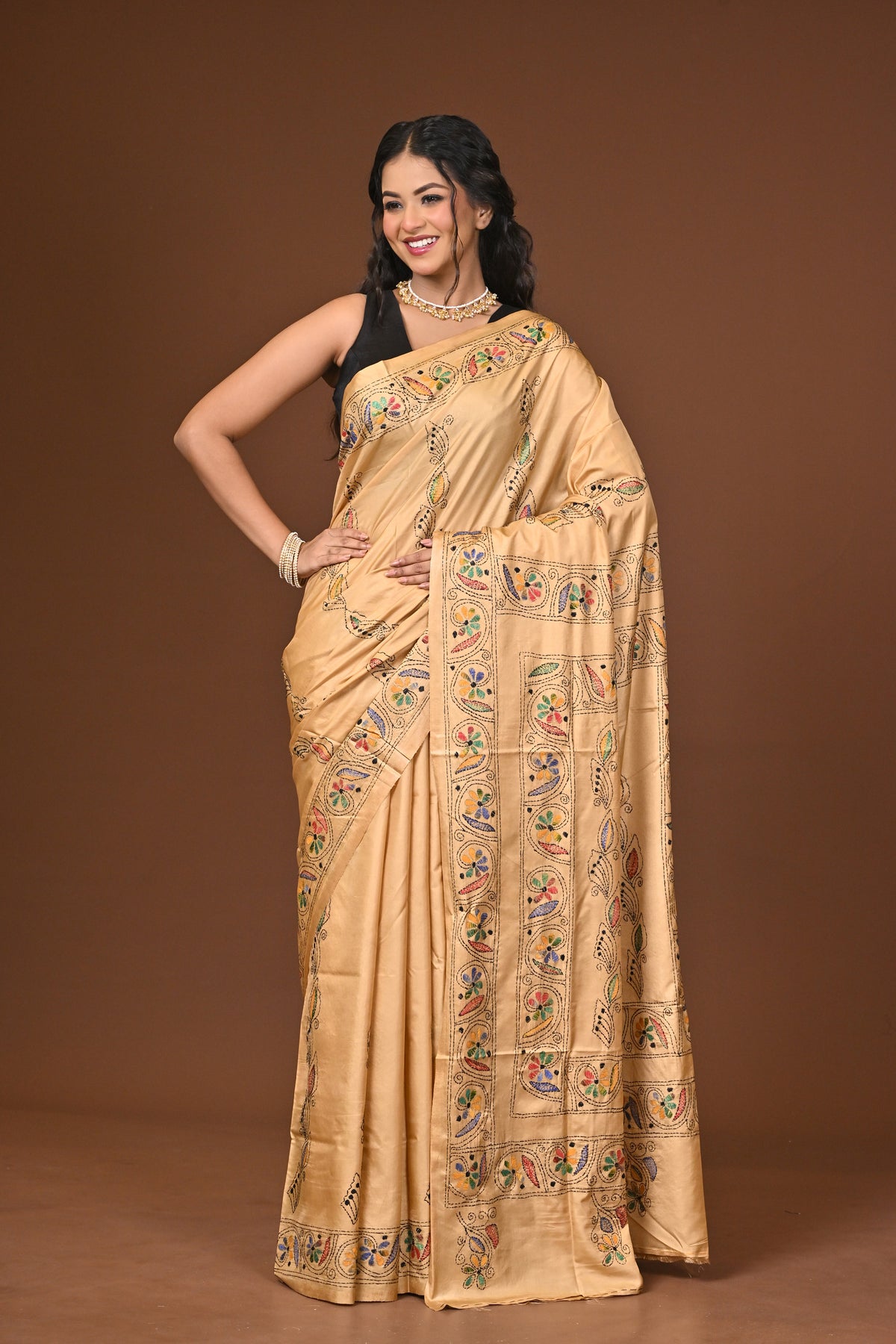 Blended Silk Kantha Stitch Saree Biege