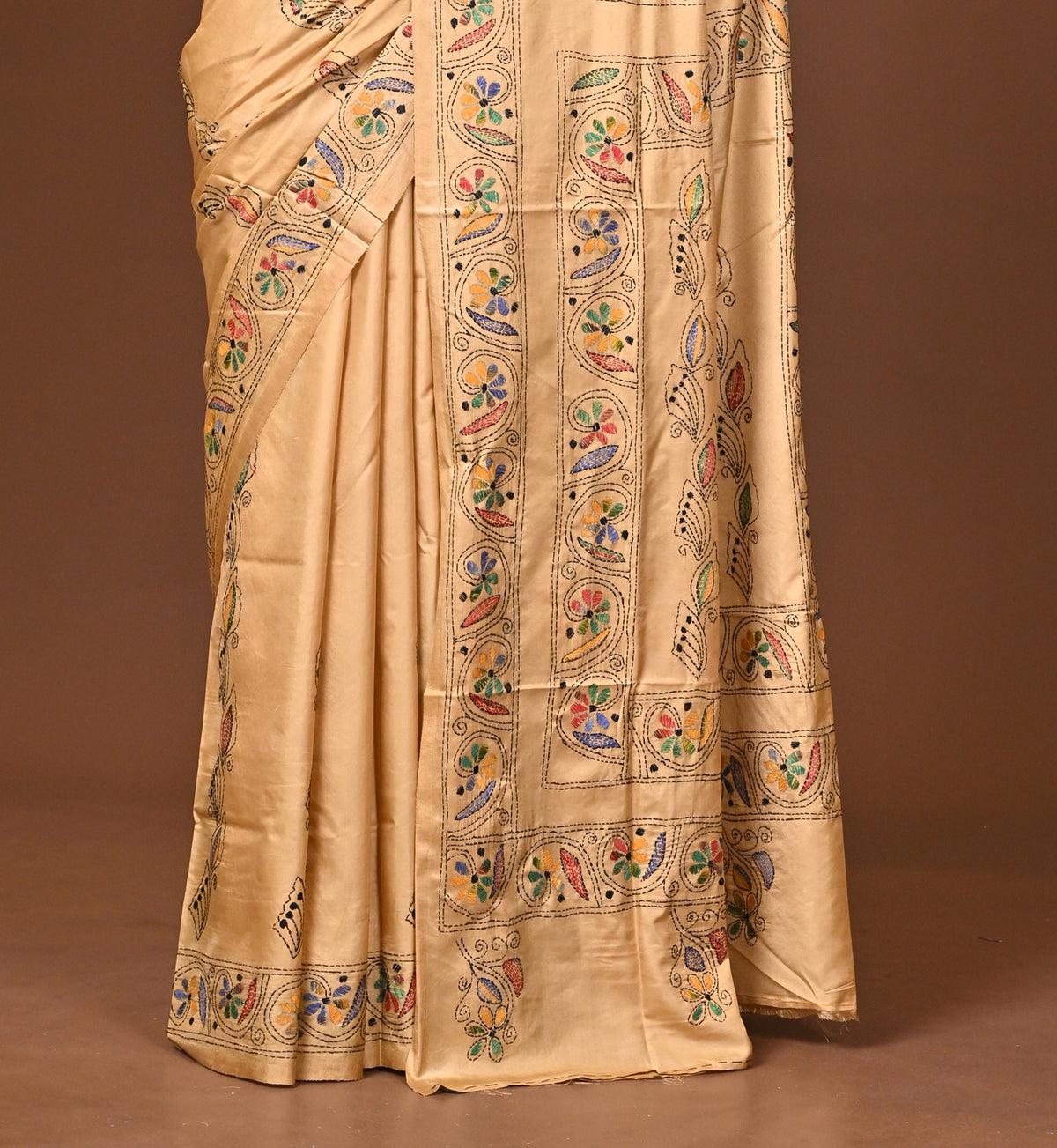 Blended Silk Kantha Stitch Saree Biege