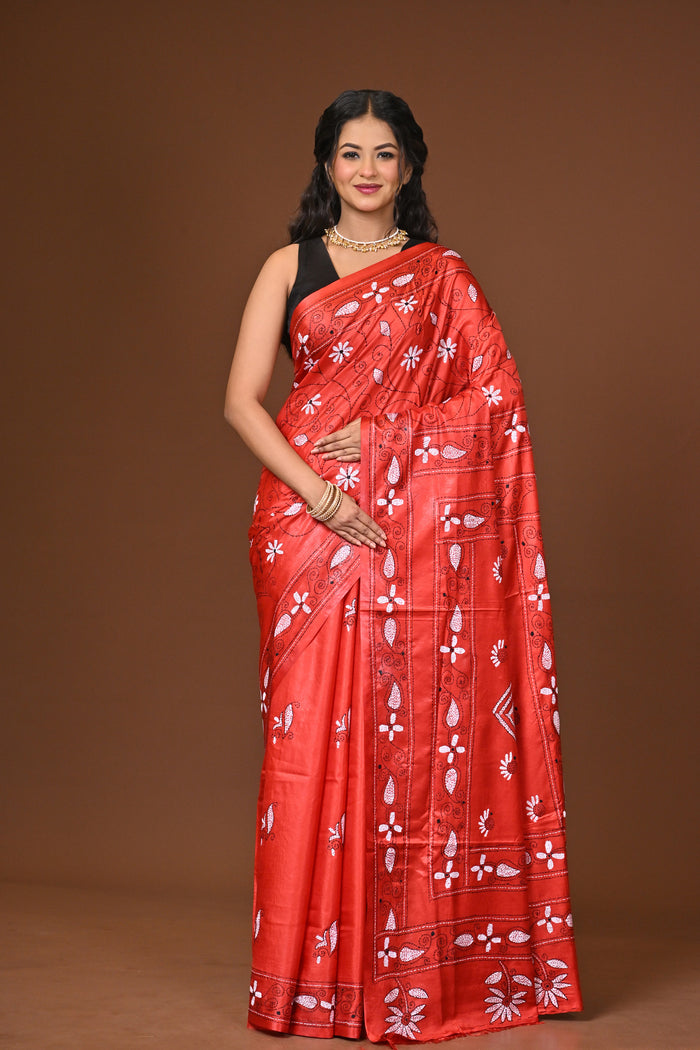 Blended Silk Kantha Stitch Saree