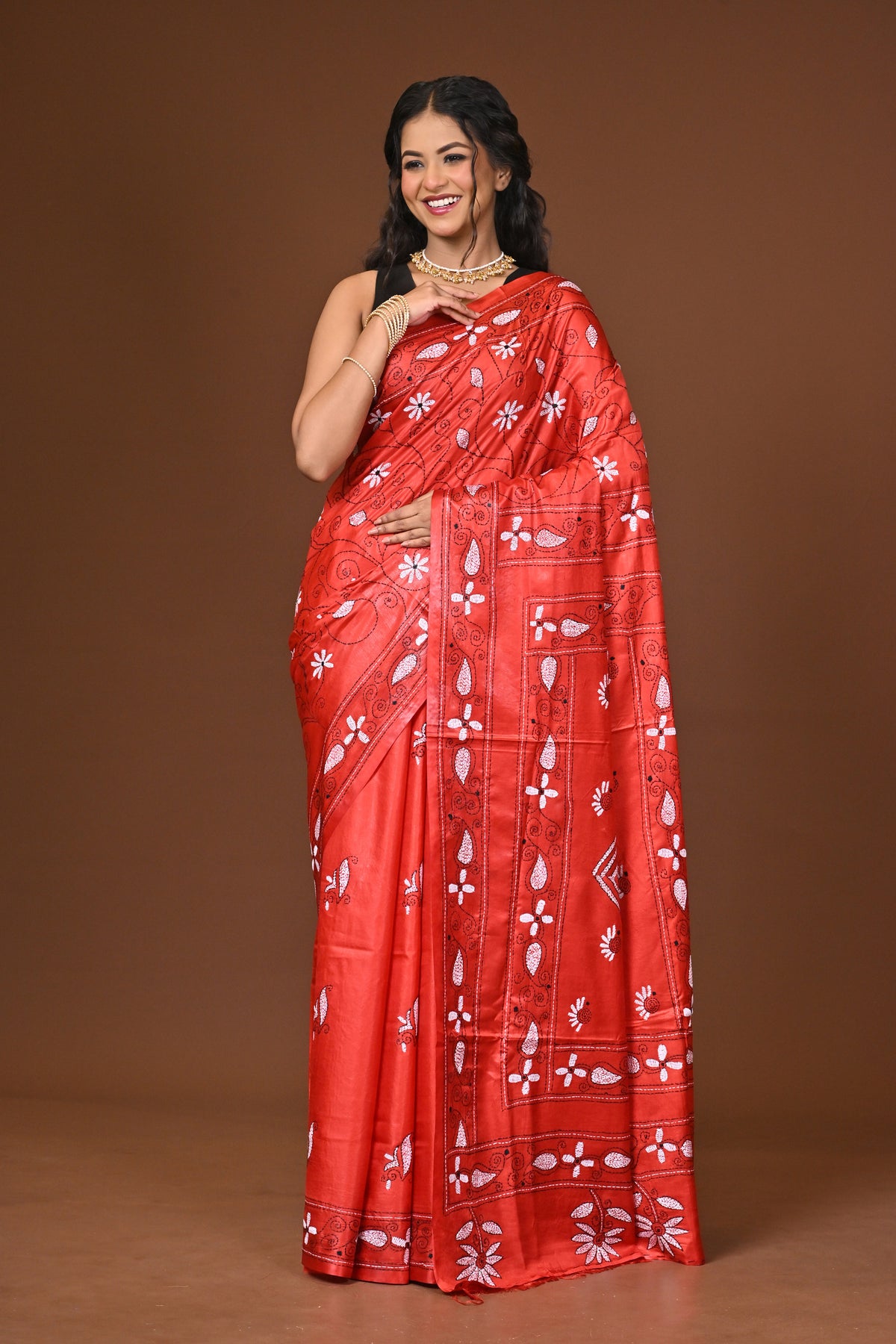 Blended Silk Kantha Stitch Saree Red