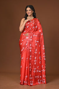 Blended Silk Kantha Stitch Saree Red