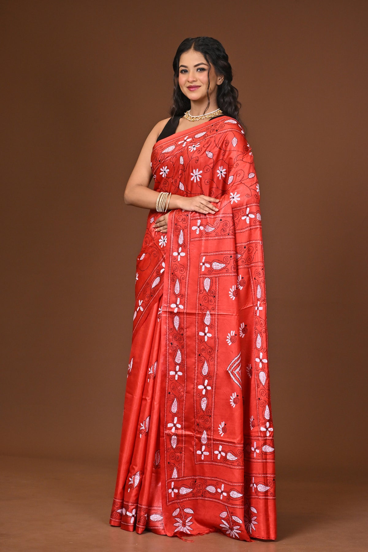 Blended Silk Kantha Stitch Saree Red