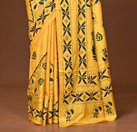 Blended Silk Kantha Stitch Saree Yellow