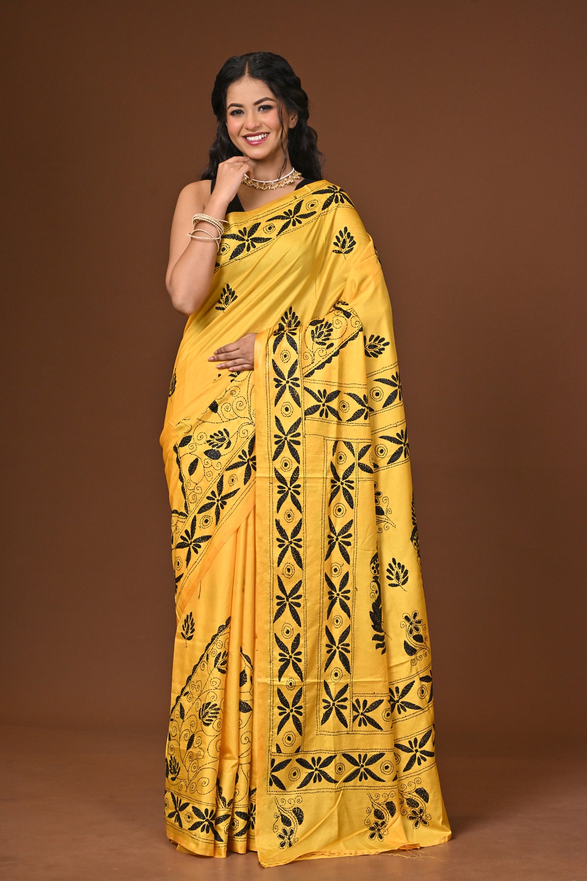 Blended Silk Kantha Stitch Saree Yellow