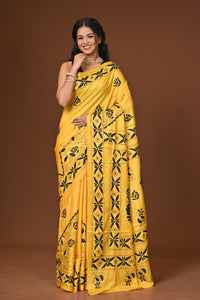 Blended Silk Kantha Stitch Saree Yellow