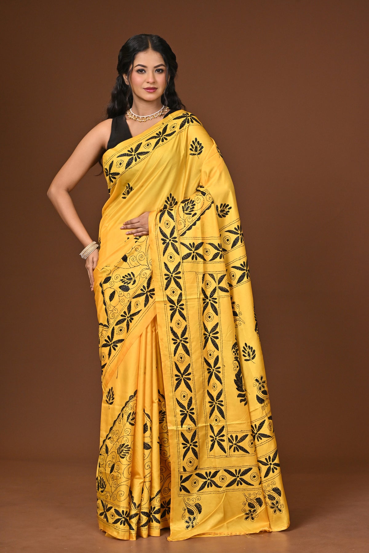 Blended Silk Kantha Stitch Saree Yellow