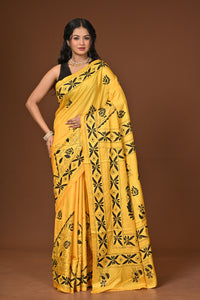 Blended Silk Kantha Stitch Saree Yellow