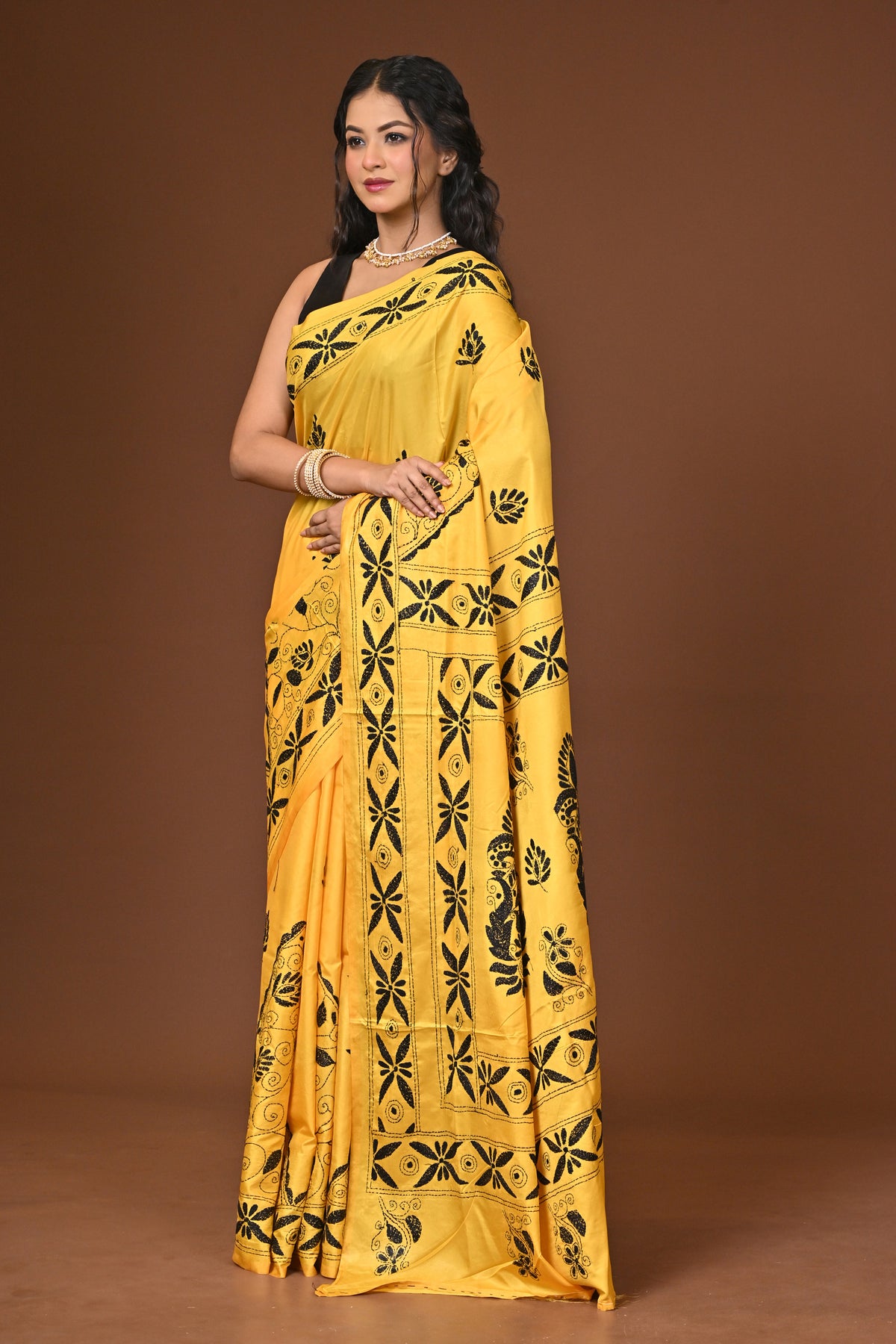 Blended Silk Kantha Stitch Saree Yellow