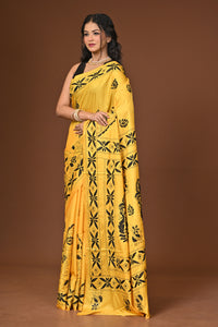 Blended Silk Kantha Stitch Saree Yellow