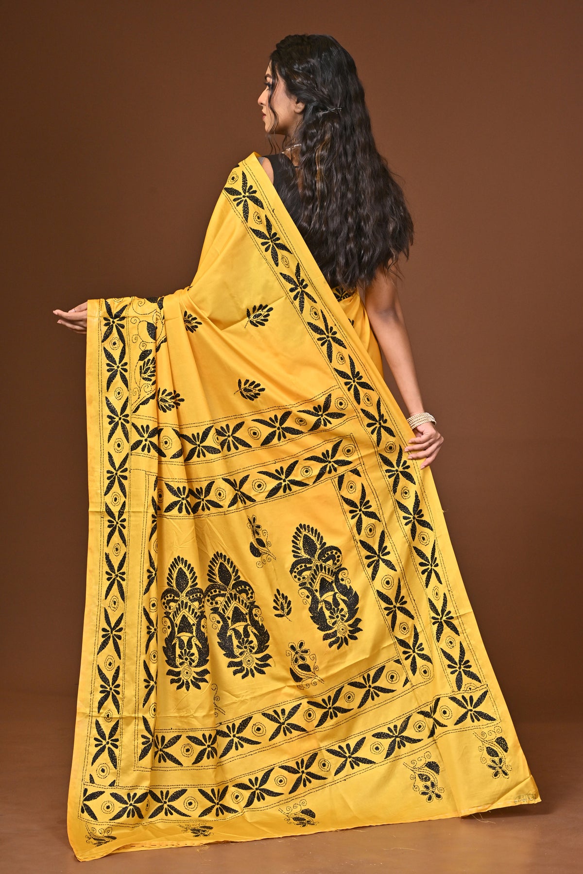 Blended Silk Kantha Stitch Saree Yellow