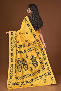 Blended Silk Kantha Stitch Saree Yellow