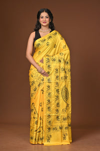 Blended Silk Kantha Stitch Saree Yellow
