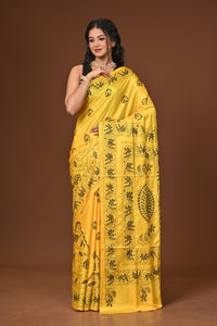 Blended Silk Kantha Stitch Saree Yellow