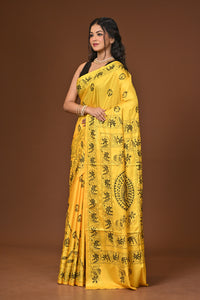 Blended Silk Kantha Stitch Saree Yellow