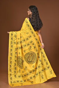 Blended Silk Kantha Stitch Saree Yellow