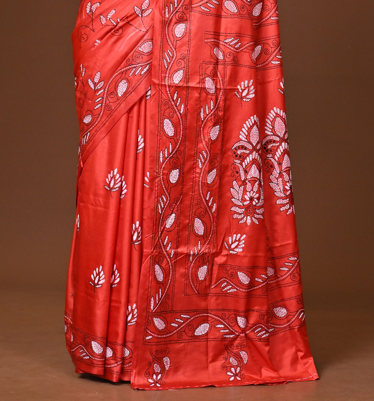Blended Silk Kantha Stitch Saree Red