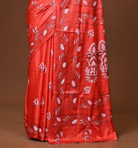 Blended Silk Kantha Stitch Saree Red