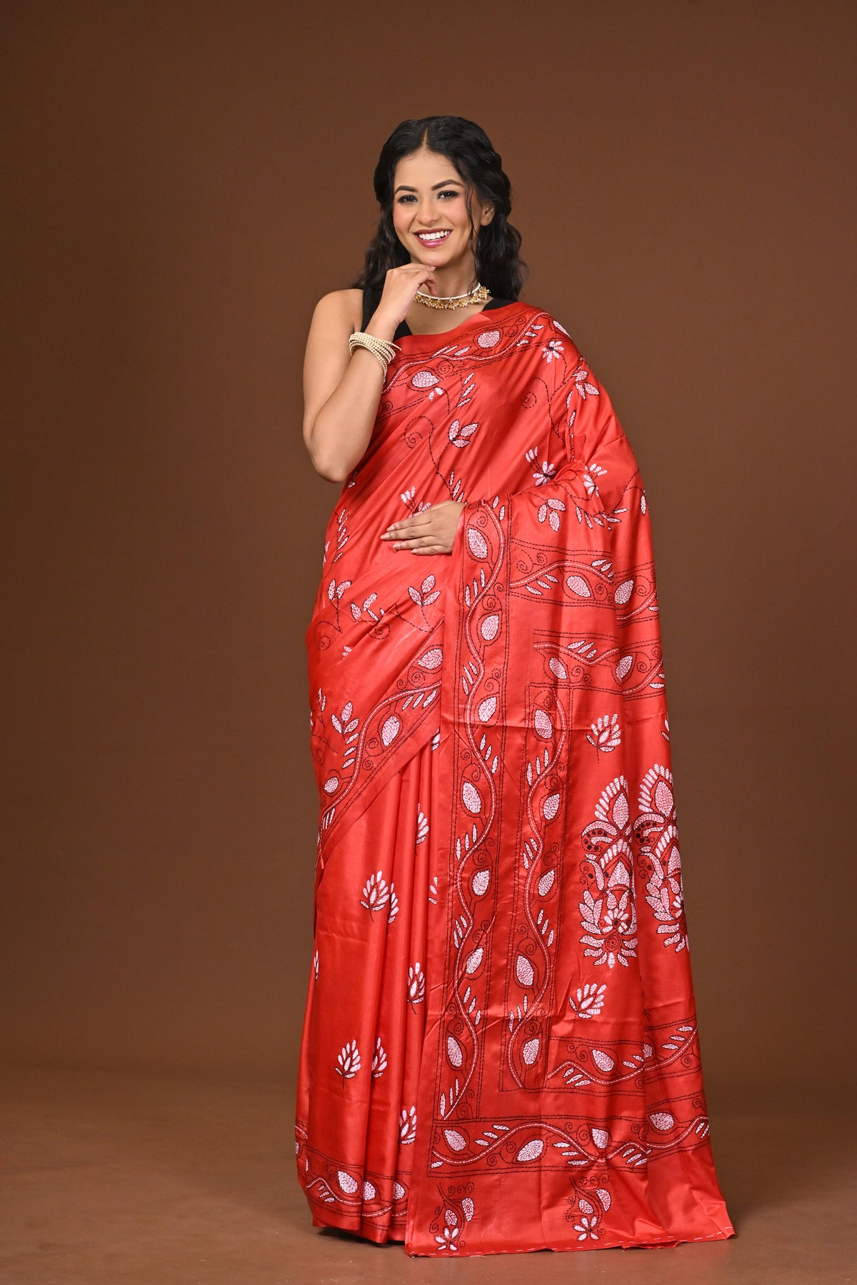 Blended Silk Kantha Stitch Saree Red