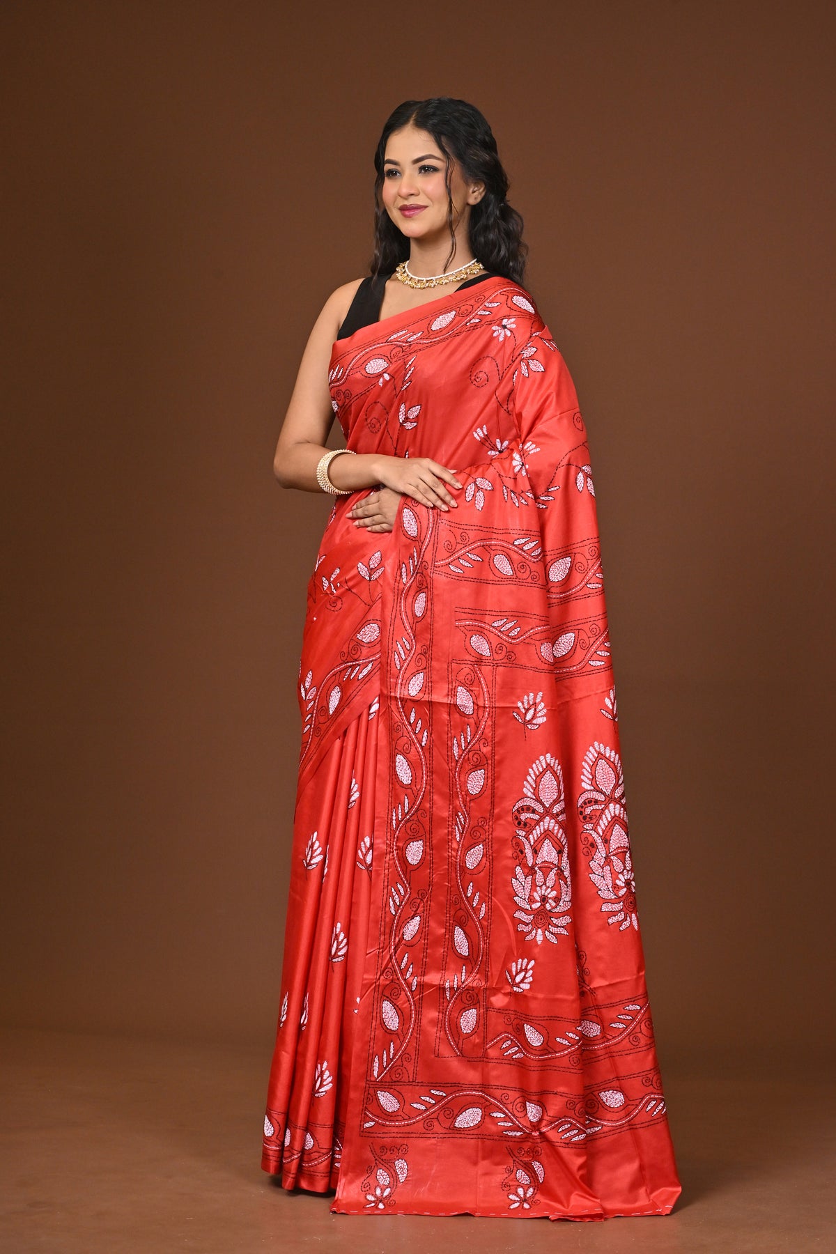 Blended Silk Kantha Stitch Saree Red