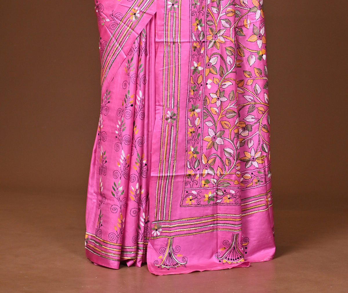 Blended Silk Kantha Stitch Saree Pink