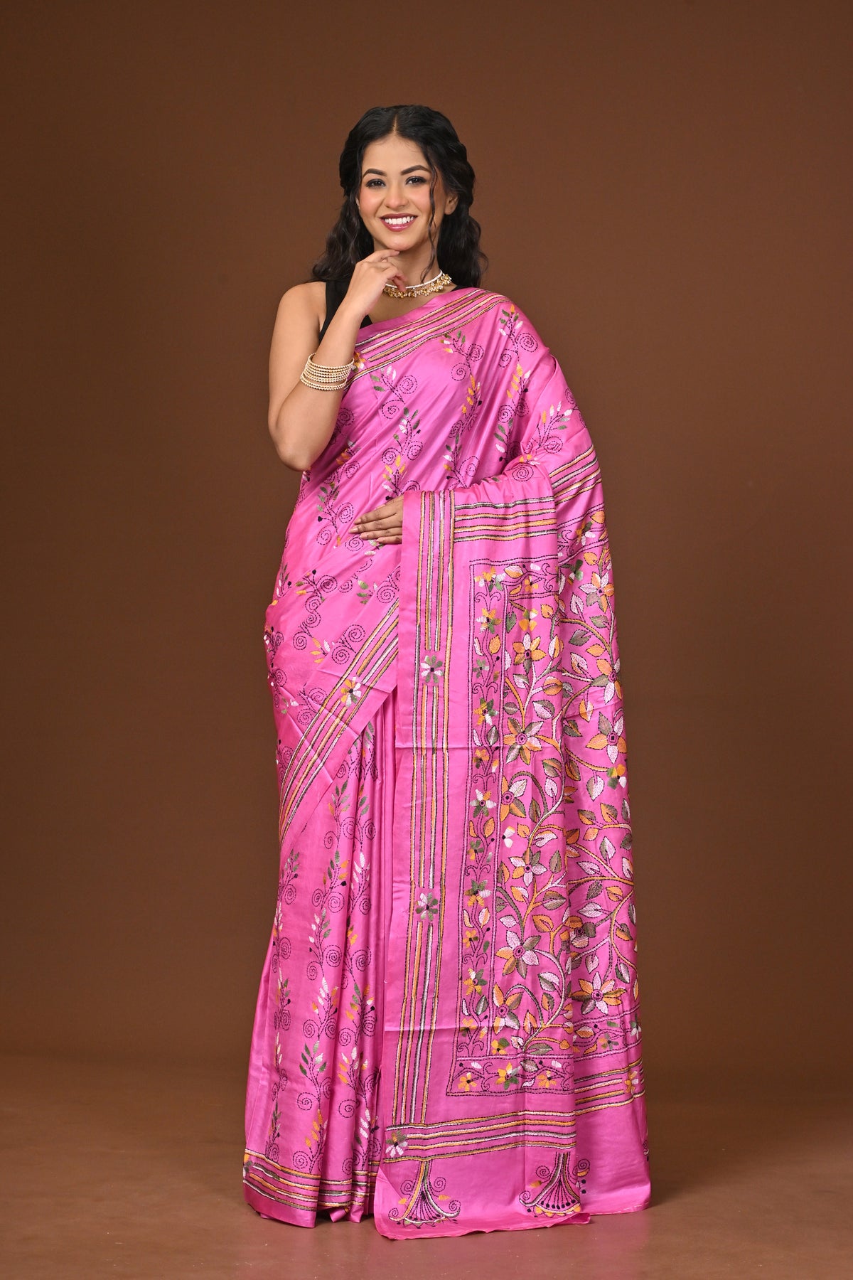 Blended Silk Kantha Stitch Saree Pink
