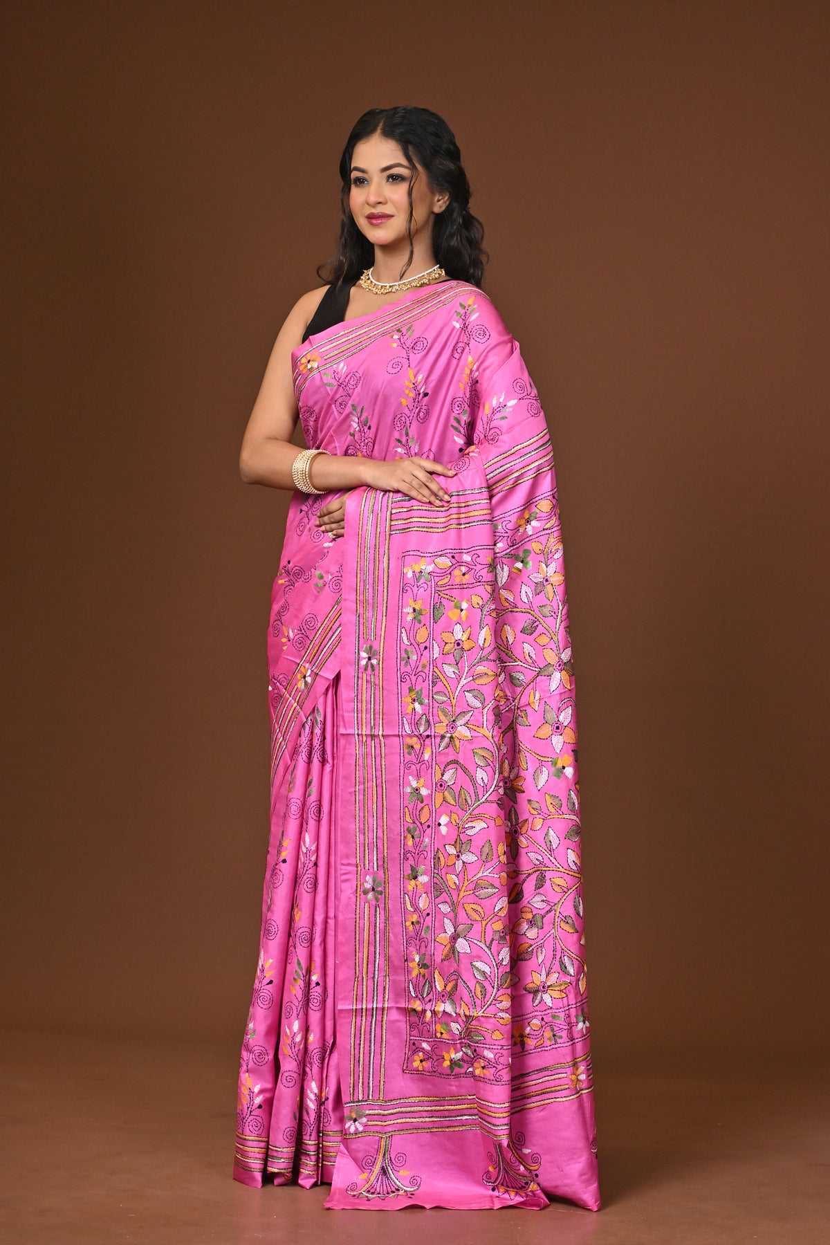 Blended Silk Kantha Stitch Saree Pink