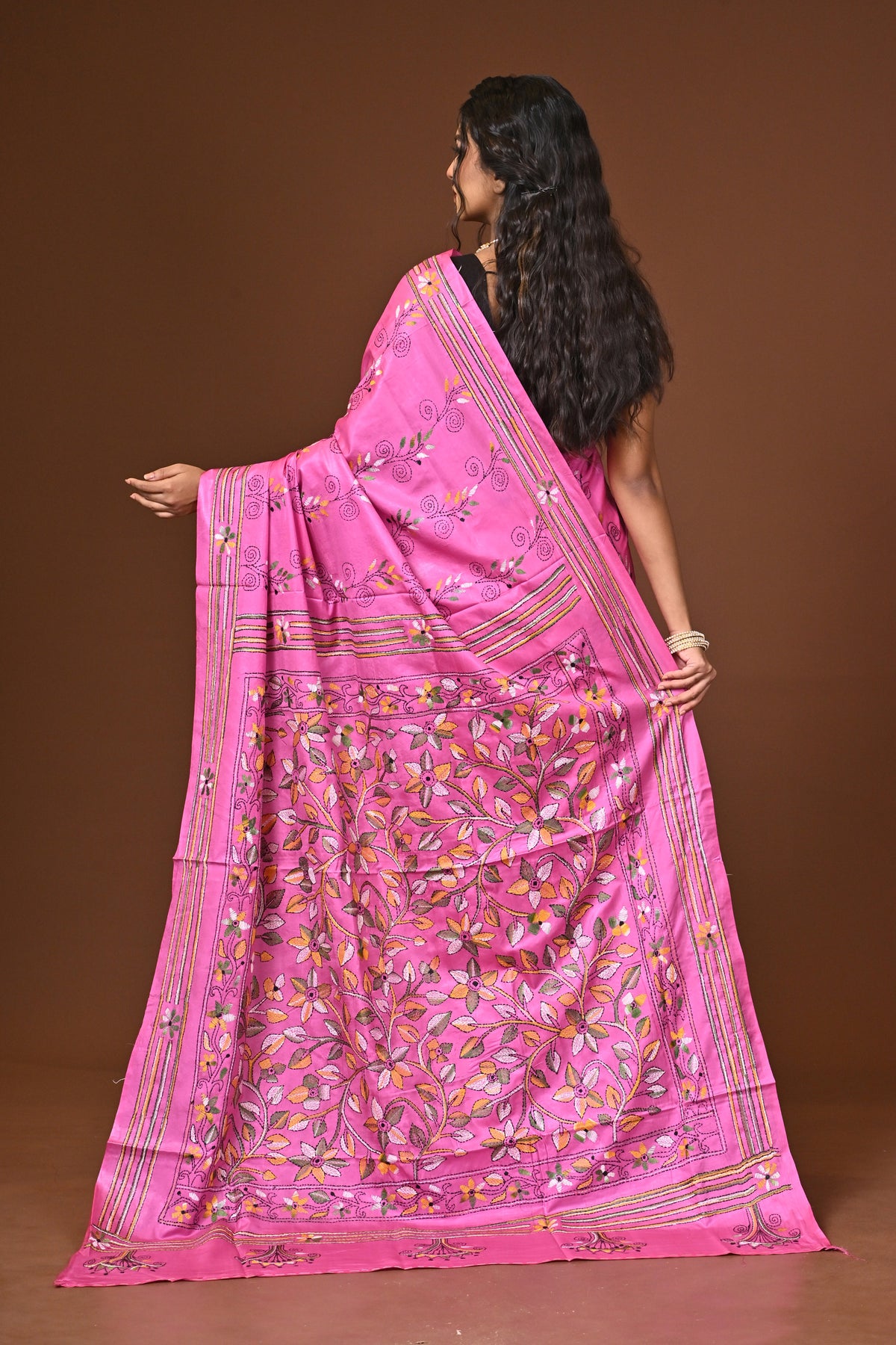 Blended Silk Kantha Stitch Saree Pink