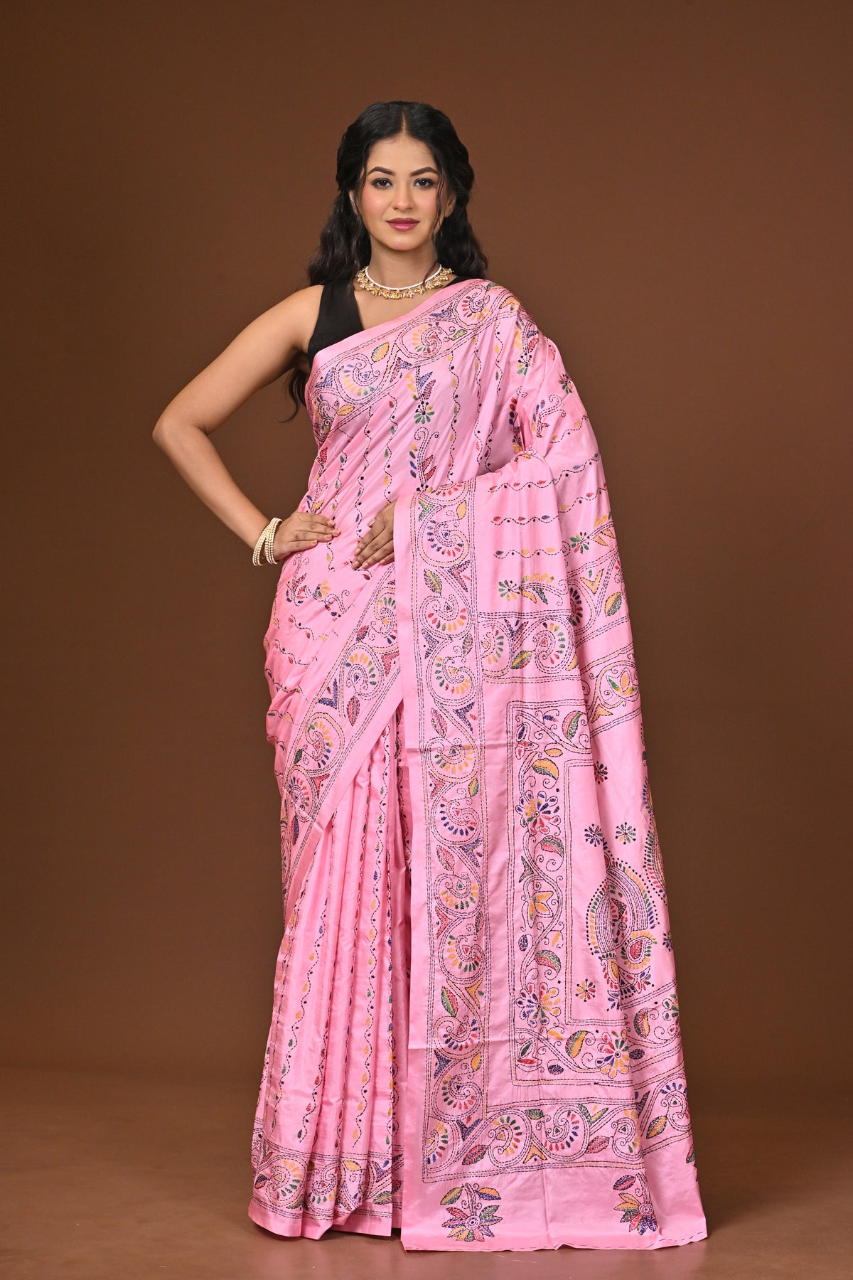 Blended Silk Kantha Stitch Saree Light Pink