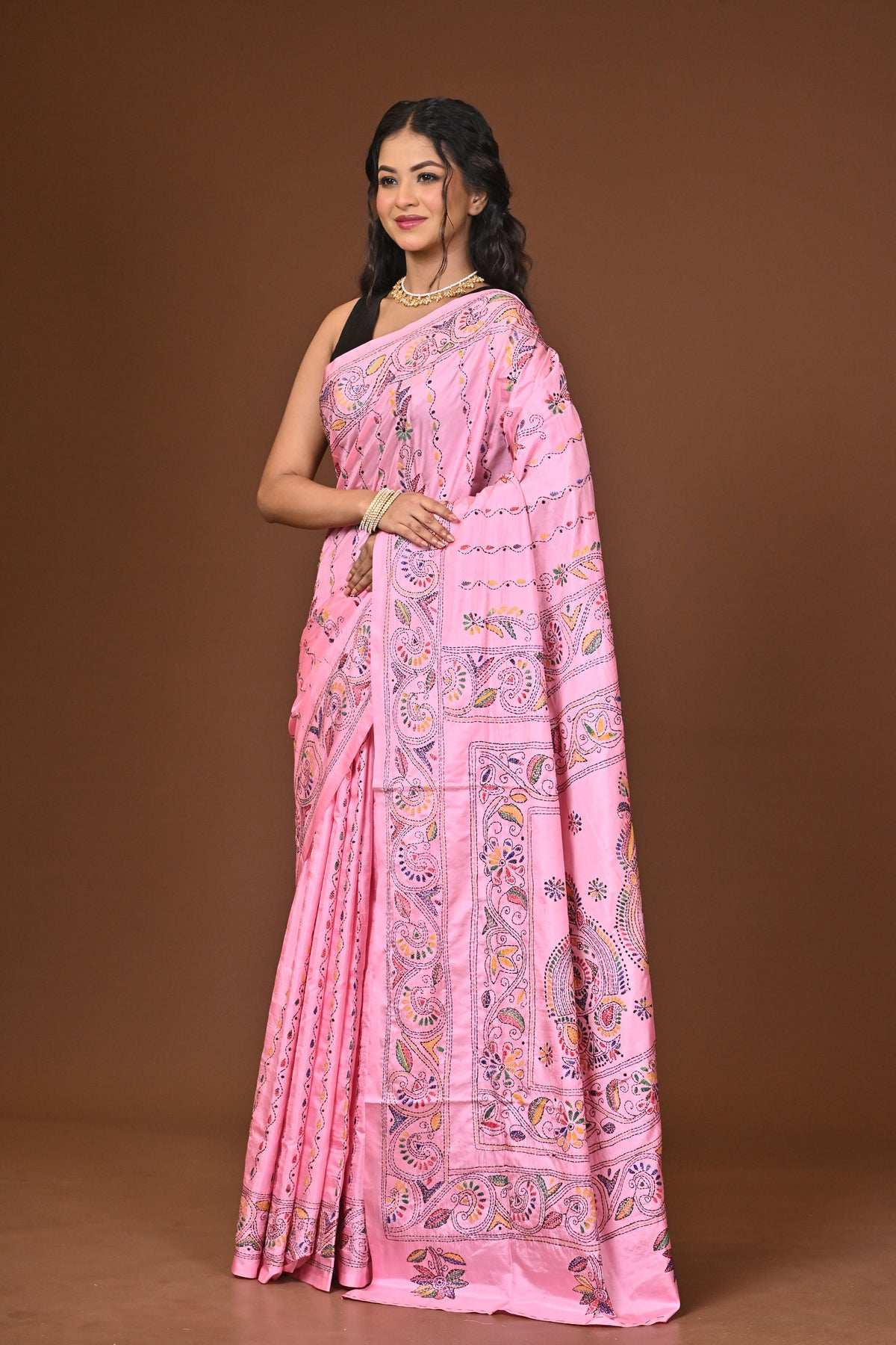 Blended Silk Kantha Stitch Saree Light Pink