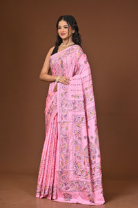 Blended Silk Kantha Stitch Saree Light Pink
