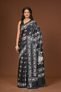 Blended Silk Kantha Stitch Saree Black