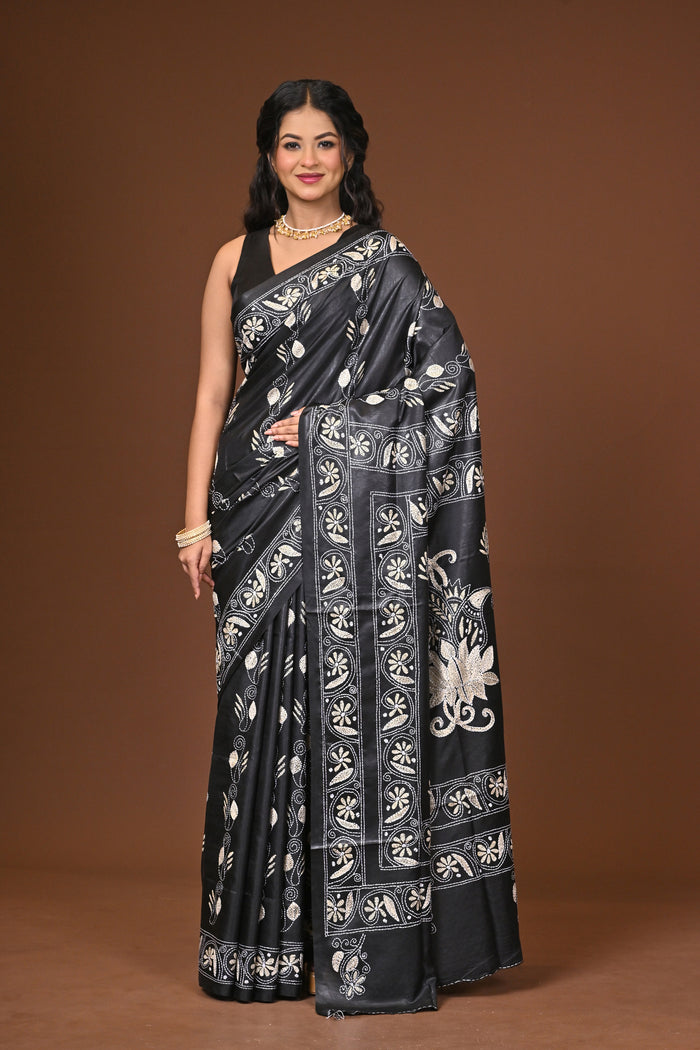 Blended Silk Kantha Stitch Saree