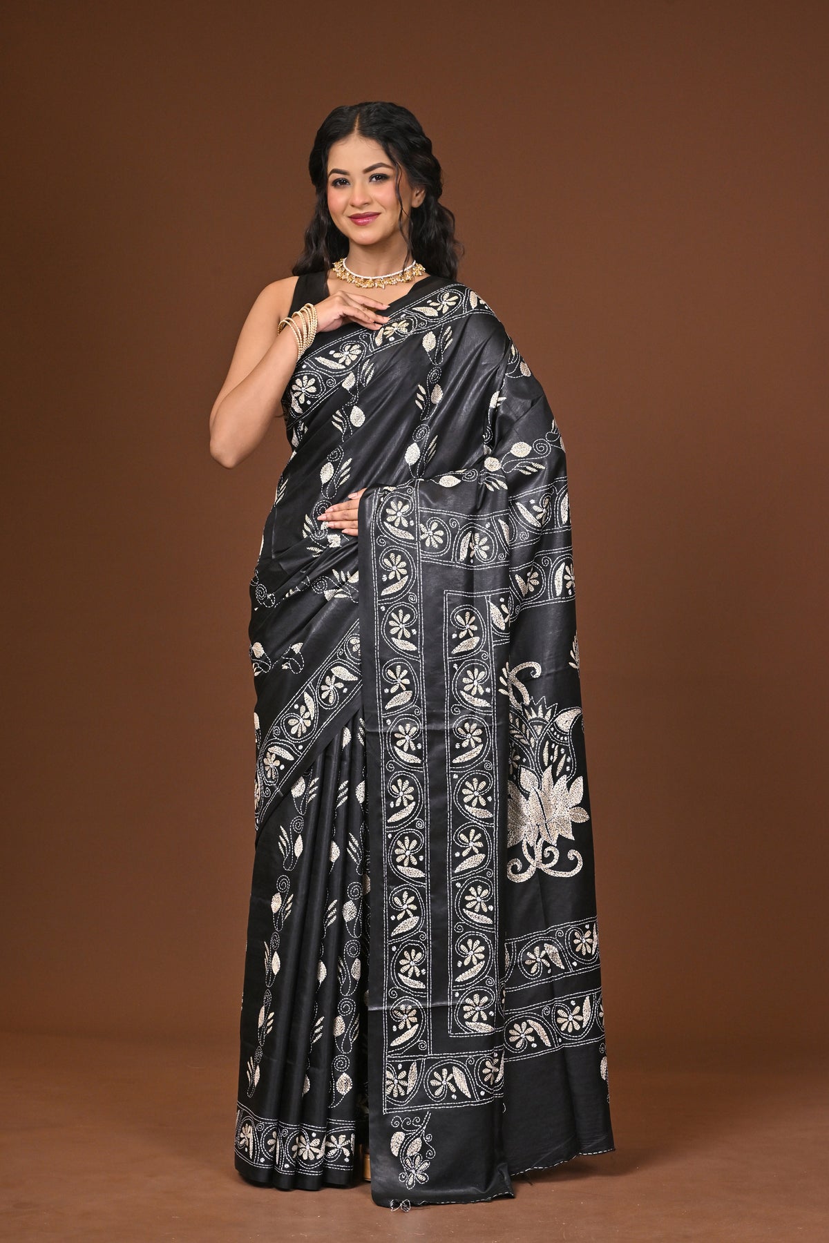 Blended Silk Kantha Stitch Saree Black
