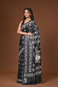 Blended Silk Kantha Stitch Saree Black