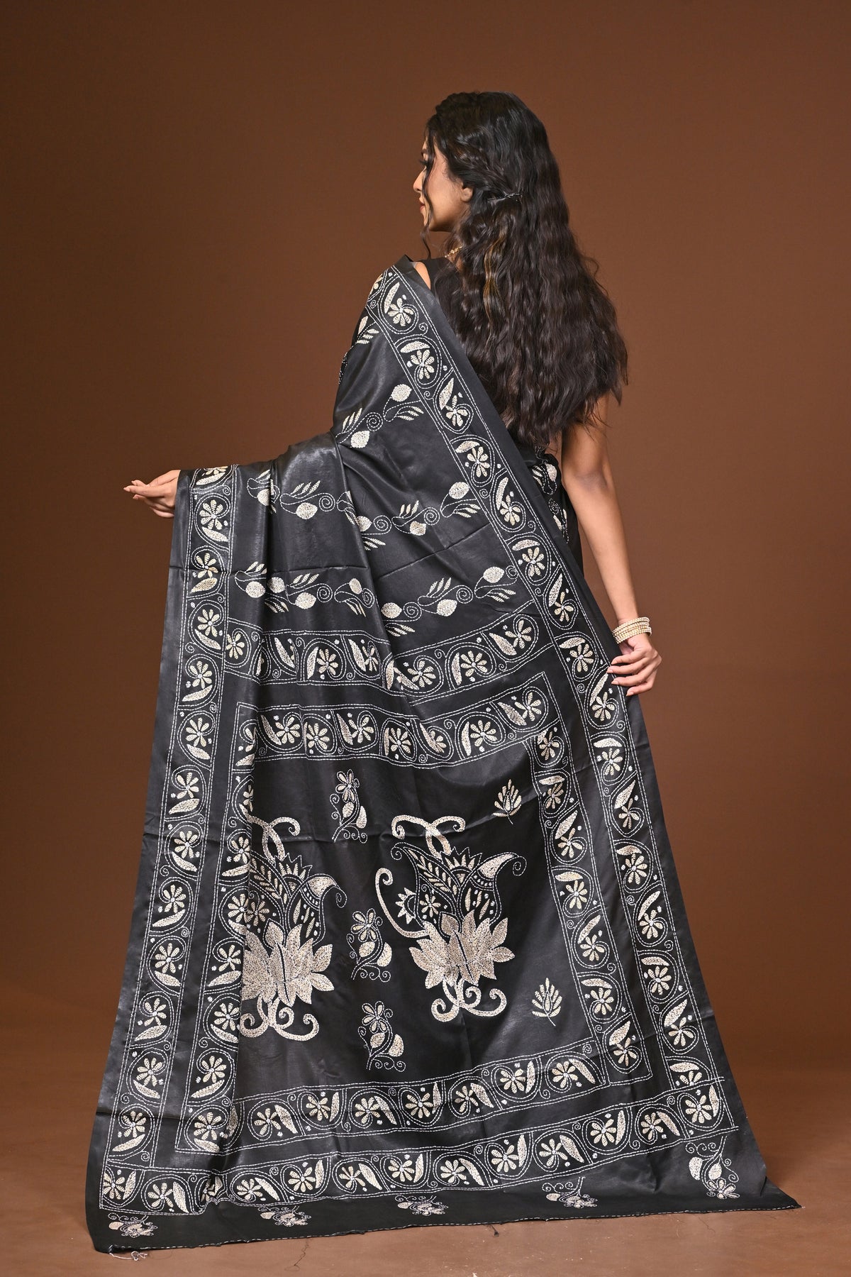 Blended Silk Kantha Stitch Saree Black
