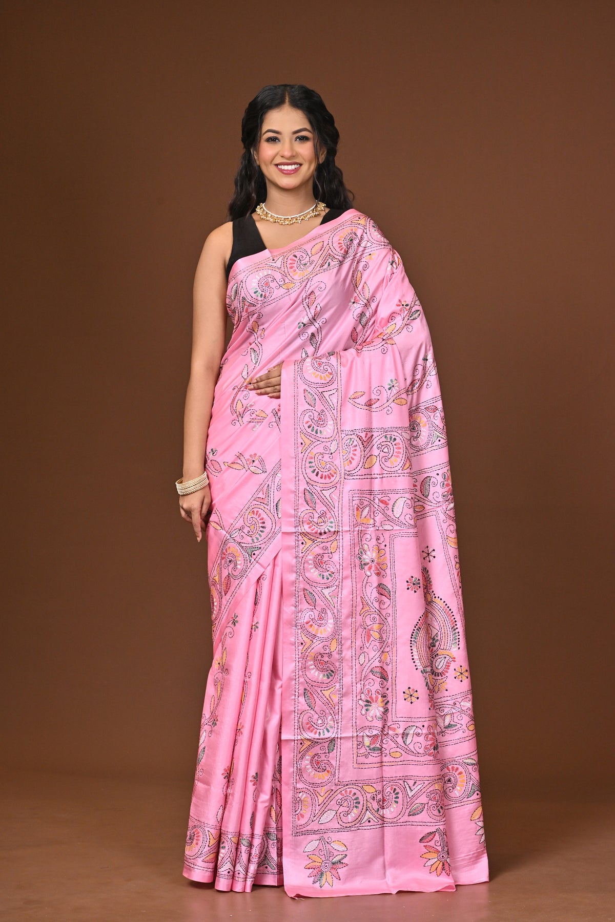 Blended Silk Kantha Stitch Saree Light Pink
