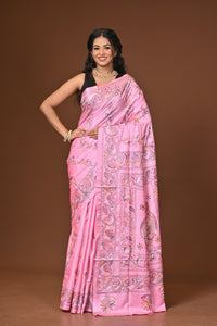 Blended Silk Kantha Stitch Saree Light Pink