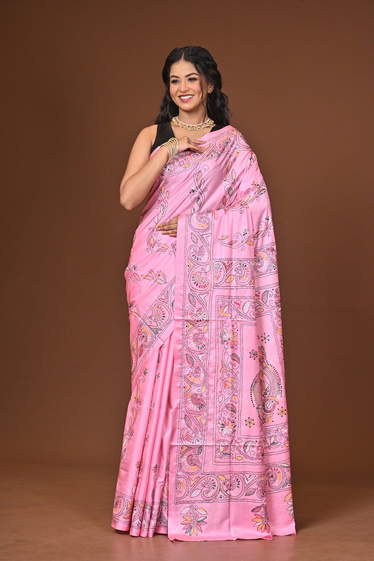 Blended Silk Kantha Stitch Saree Light Pink