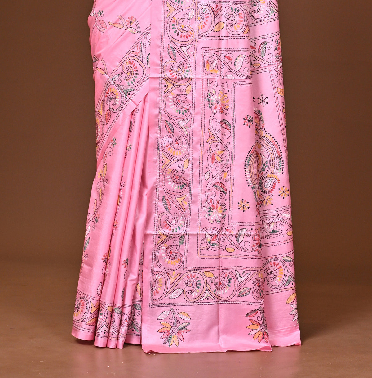 Blended Silk Kantha Stitch Saree Light Pink