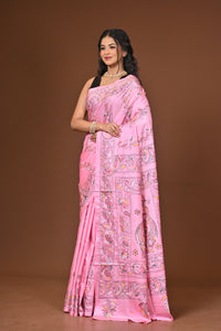 Blended Silk Kantha Stitch Saree Light Pink