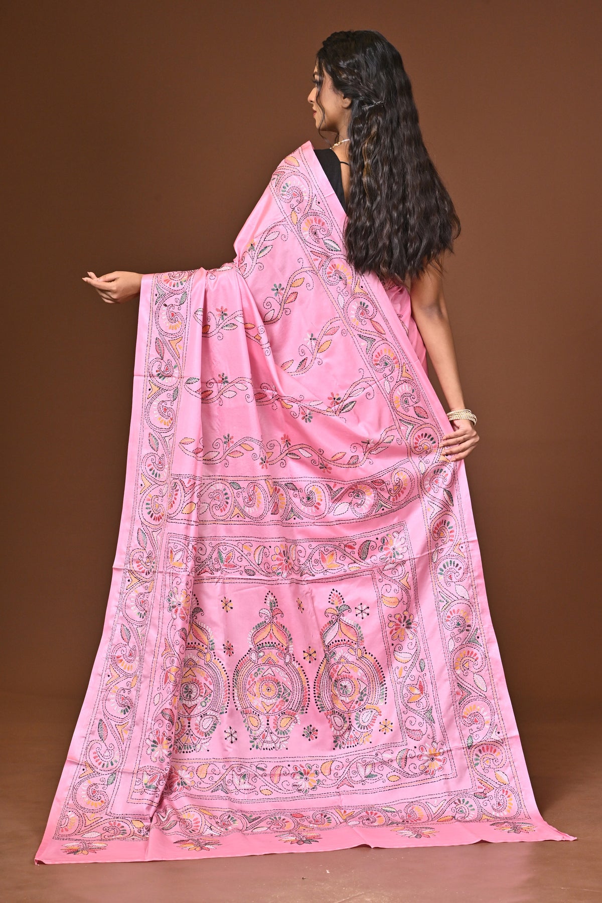 Blended Silk Kantha Stitch Saree Light Pink