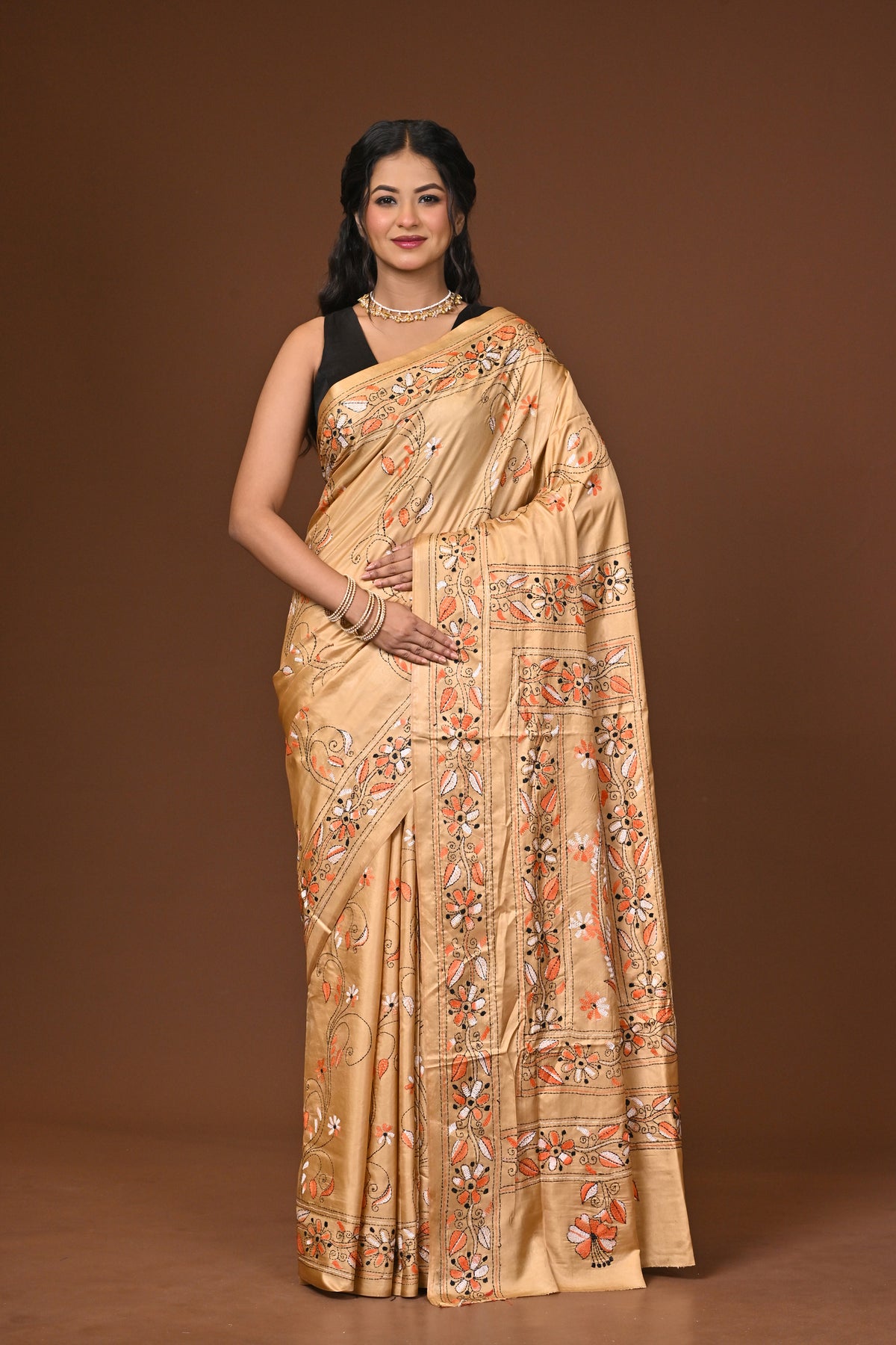 Blended Silk Kantha Stitch Saree Beige
