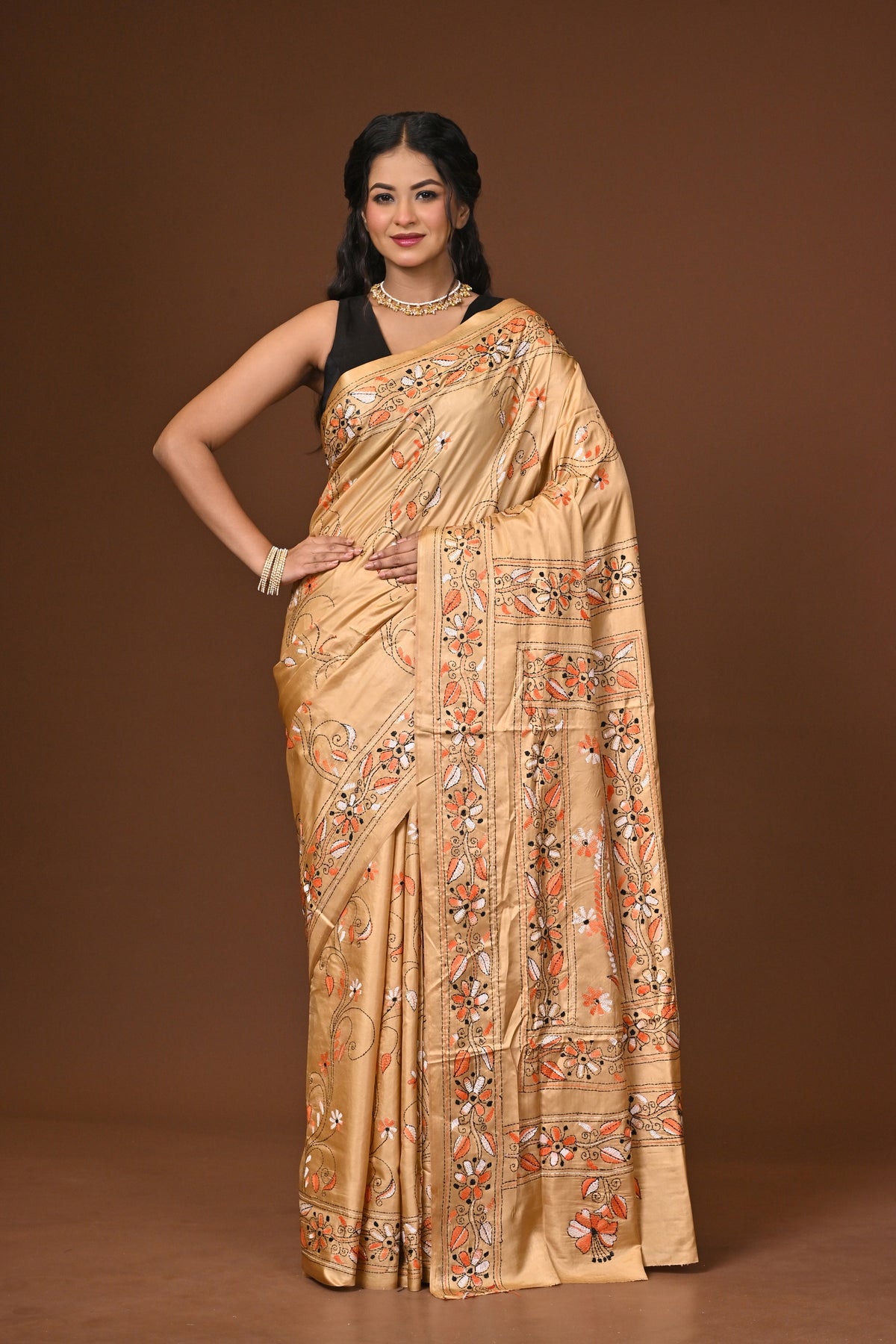 Blended Silk Kantha Stitch Saree Beige