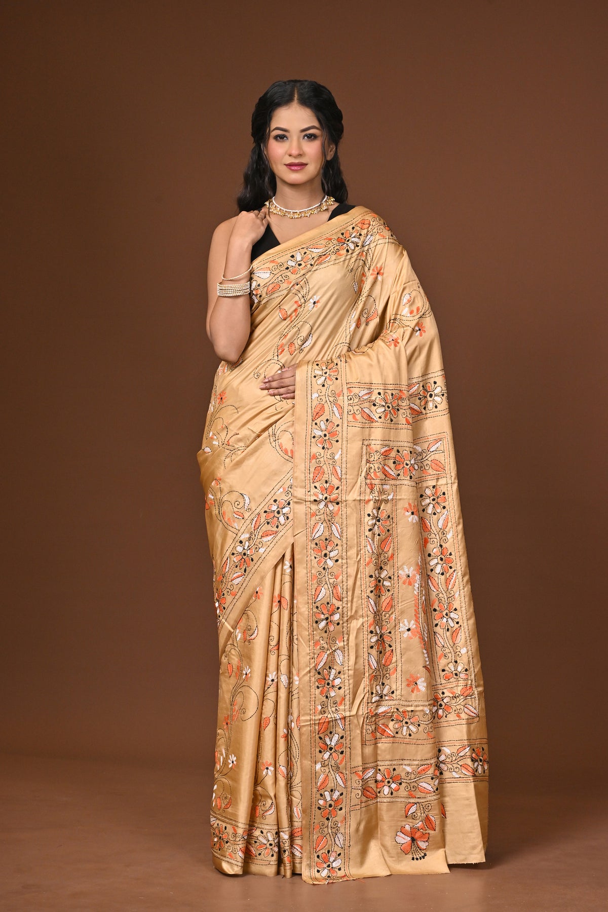 Blended Silk Kantha Stitch Saree Beige