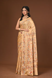 Blended Silk Kantha Stitch Saree Beige